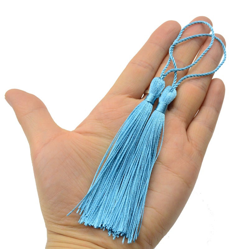 Makhry 100pcs 13cm/5 Inch Silky Floss Bookmark Tassels with 2-Inch Cord Loop and Small Chinese Knot for Jewelry Making, Souvenir, Bookmarks, DIY Craft Accessory (Blue) - Image 3